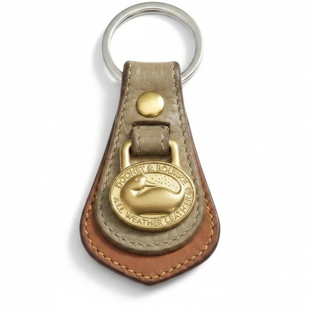 Vintage Dooney & Bourke Duck FOB All Weather Leather Keychain Tan Taupe Brass